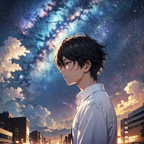 stars, milky way, clouds, anime key visual, deep color, complex, 8k resolution concept art, natural light, beautiful composition, Makoto Shinkai, light play, colorful, star gazer, white shirt, 1 young man, seen from above, in the center of city.