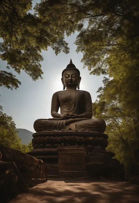 A tall seated Buddha statue in the distance, with sunlight shining on the mountain, towering trees, and pilgrims on the road. The composition is beautiful, with masterpieces, details, and high definition