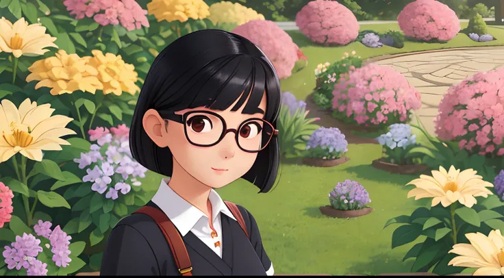 beautiful girl, close-up, solo woman, wearing a Japanese school uniform skirt, wearing large round white frame glasses, holding a pretty cat, standing next to a flower garden, sexy body, (cute:1.3 ), (([long black hair], [pixie bob], [crinoline])), realist...