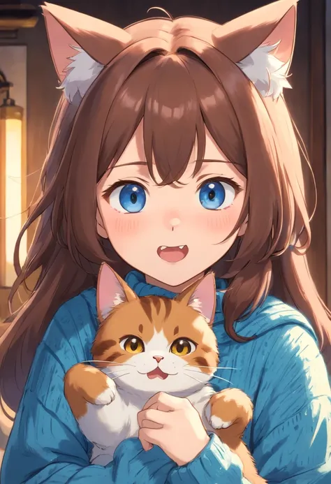 Soft, cute adult neko with puffy brown hair wearing a loose fuzzy blue sweater, adorable, has cat fangs and a blushy look on her face, OwO