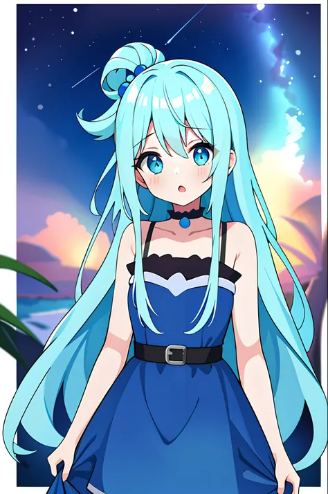 absurdos, alta qualidade, 1girl, Aqua Konosuba, vestido de noite, vestido azul, envergonhada, ao ar livre, night sky, olhos azuis, cabelos longos, cabelos azuis.