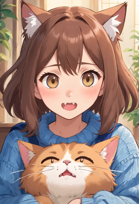 Soft, cute adult neko with puffy brown hair wearing a loose fuzzy blue sweater, adorable, has cat fangs and a blushy look on her face, OwO