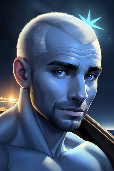 homem ,careca sem cabelo, de os olhos azul,arte de luz neon, no escuro da noite, um navio alto navega pelos mares iluminados pel...