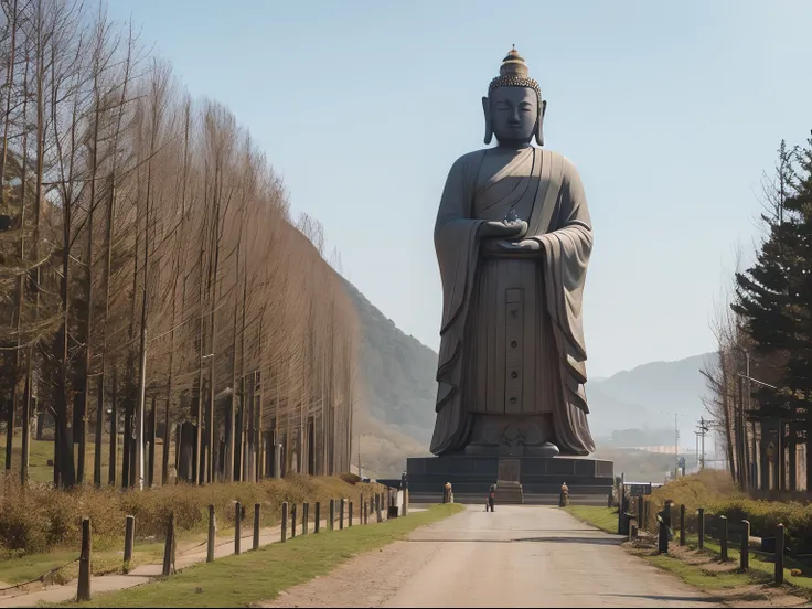 A giant tall Buddha statue in the distance，Pilgrims on the road