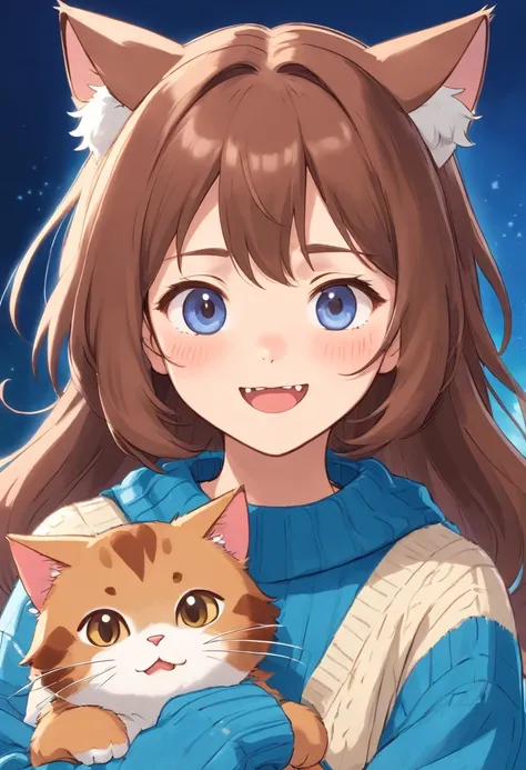 Soft, cute adult neko with puffy brown hair wearing a loose fuzzy blue sweater, adorable, has cat fangs and a blushy look on her face, OwO