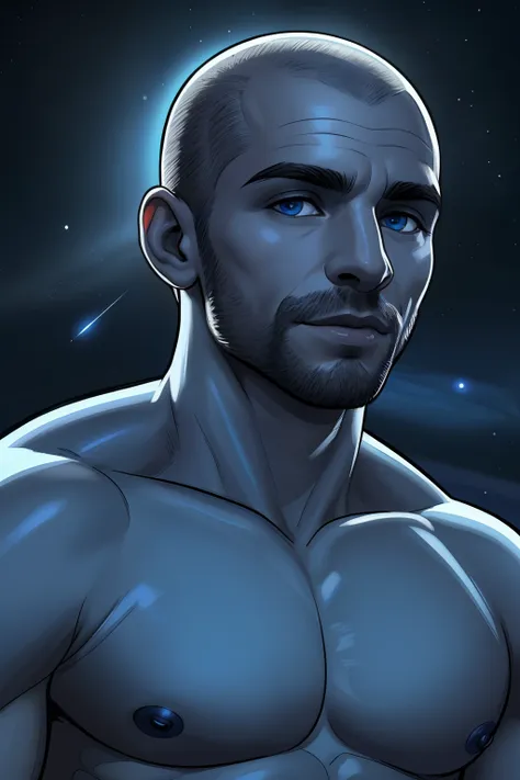 homem ,careca sem cabelo, de os olhos azul,arte de luz neon, no escuro da noite, um navio alto navega pelos mares iluminados pel...