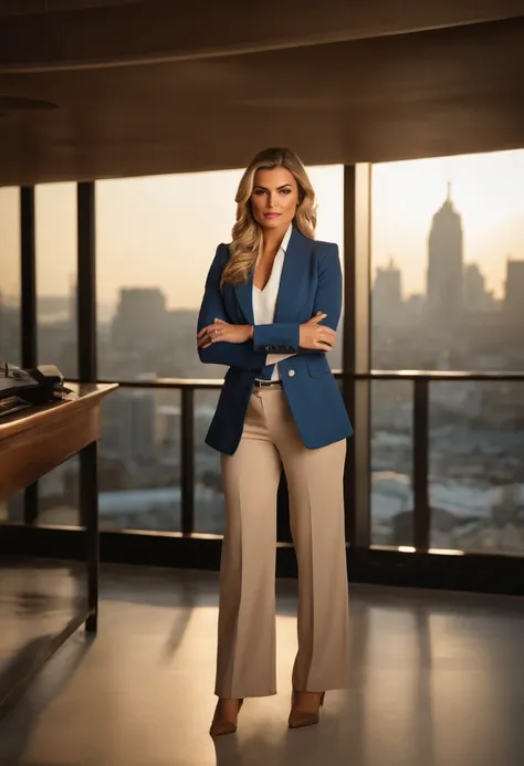 full body shot of blonde brown eyed woman, face of carmen electra, in a blue blazer and beige business pants standing in front of a desk, business clothes, panoramic view of city, Raw photo, highly detailed skin ,8K UHD, dslr, soft lighting, high quality, ...