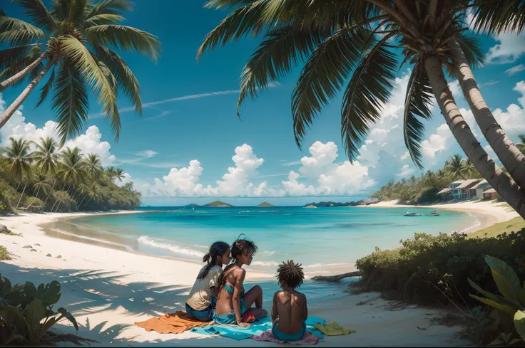 View of a paradisiac isolated Caribbean island, with palm trees an vegetation, clear sand, a couple of kidS with torn clothes, disheveled, sitting on a log near the water, fishing. Happy palette of colours. Sunny day.