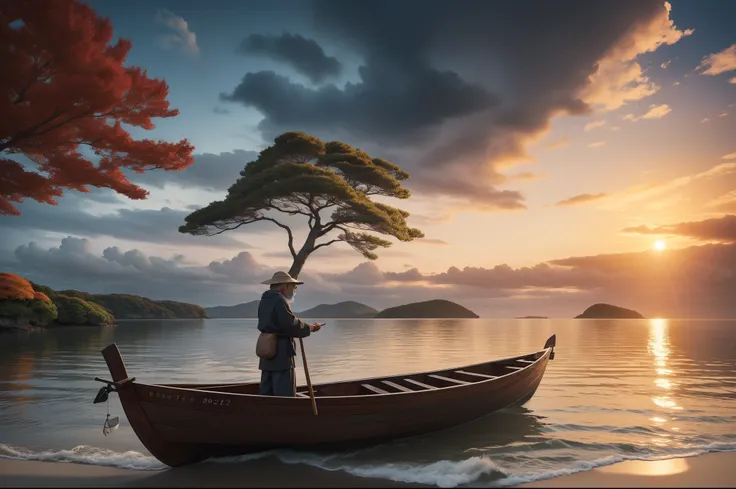 An very old fisherman, sitting in a wooden boat, fishing on a bay of an isolated island, very dark sand on the beach, trees with autumn leaves, Japanese isolated little island, cloudy day, sunset, highly detailed, viewed from de the sea, high point of view...