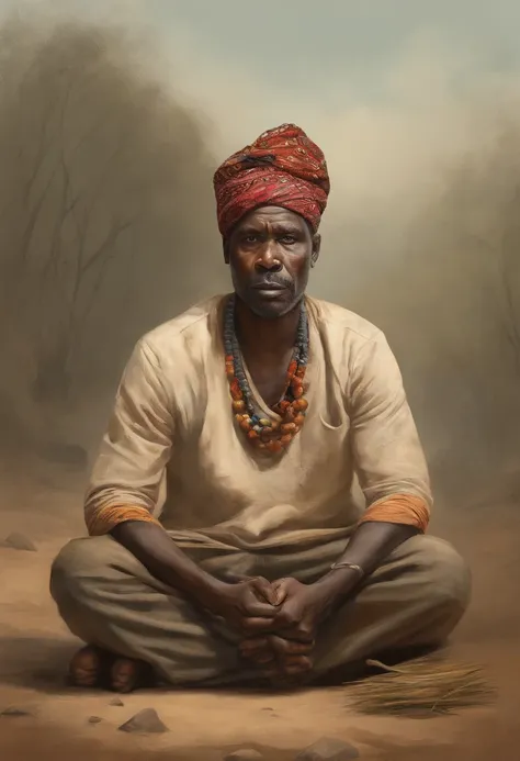 um rei africano com sua coroa, homem maduro envolto pelo poder do fogo, carrying an axe in his hand, sitting in a meditation position, diante de um horizonte lindo, com o sol se pondo, in connection with your ancestors, Foto retrato, Directed by: Drew Tuck...