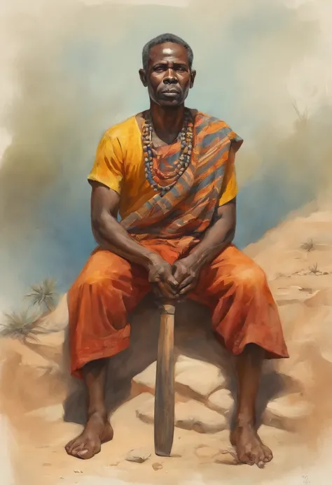 um rei africano com sua coroa, homem maduro envolto pelo poder do fogo, carrying an axe in his hand, sitting in a meditation position, diante de um horizonte lindo, com o sol se pondo, in connection with your ancestors, Foto retrato, Directed by: Drew Tuck...