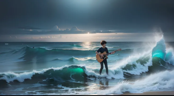 A distant boy sinking into the ocean with a guitar