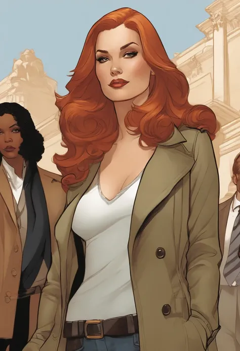 Close-up de pessoas em trench coats e jeans, arte oficial do personagem, official character illustration, adam hughes, Closeup da arte do personagem, Mulheres pesquisadoras, Retrato de corpo inteiro de Jean Grey, arte detalhada do personagem, retrato detal...