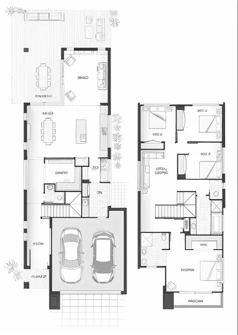 Un dibujo de una casa de dos pisos con un garaje y una sala de estar, plano, Imagen del anuncio, plan, Plano de planta, Vista del plano de planta, Planta abierta, Imagen 2D, captura de pantalla, f4.5, Oz, Imagen apilada, Regular construction, 5 d, 5D, herm...