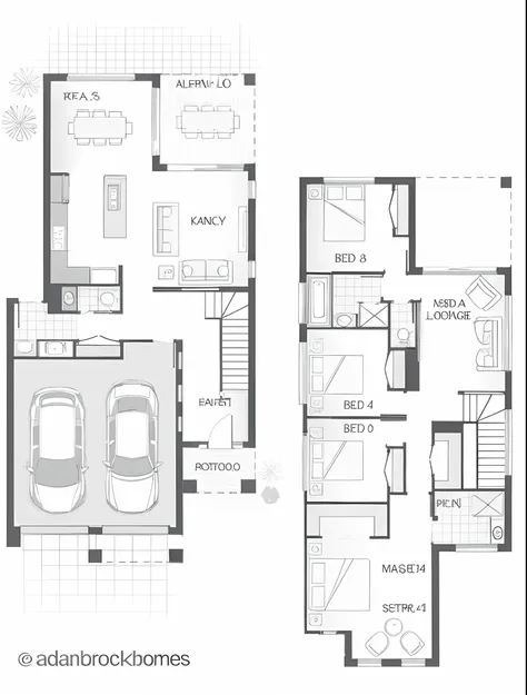 Un dibujo de una casa de dos pisos con un garaje y una sala de estar, Plano de planta, plano, Vista del plano de planta, plan, Dibujo de planos, Single floor plan, capturar, Planta abierta, niveles inferior y superior, rendering, altura completa, Genial, f...