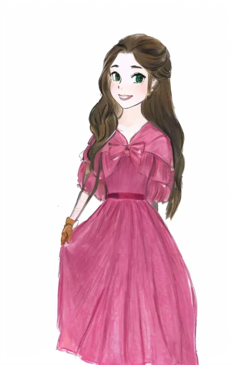 a drawing of a woman in a pink dress with glove in hand, vestido com um vestido rosa, Aerith Gainsborough, Inspirado em Reyna Rochin, wearing a pink ballroom gown, inspired by Emma Ríos, usando um vestido rosa, No estilo de arte de Bowater, menina em um ve...