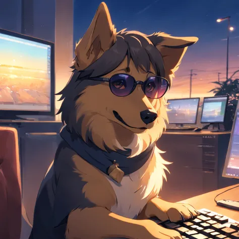 master part, um german shephard, estilo matricial, casaco Preto, digitando num teclado, sentado em uma cadeira na frente do PC, sun glasses, Dynamic angle, best quality, 4k,