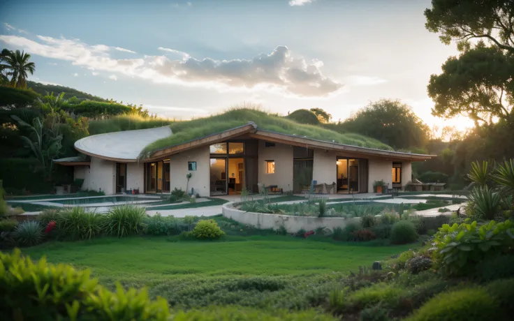 A photographyof a imposing contemporary modern sigle storey house with a organic curved angular rounded corners walls and greenroof in tropical backyard with a ((biological pool)), plaster (((rustic mud stucco terracotta))) and a (((wave shape greenroof wi...