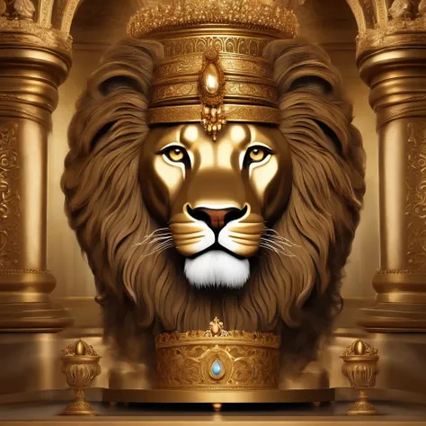 In the heart of a sumptuous palace, A majestic lion with a kings crown adorns its head, sitting stately on a solid gold throne. This lion, embora animal, assume uma postura e semblante humanoides, as if he had the wisdom and authority of an 18th-century Pe...