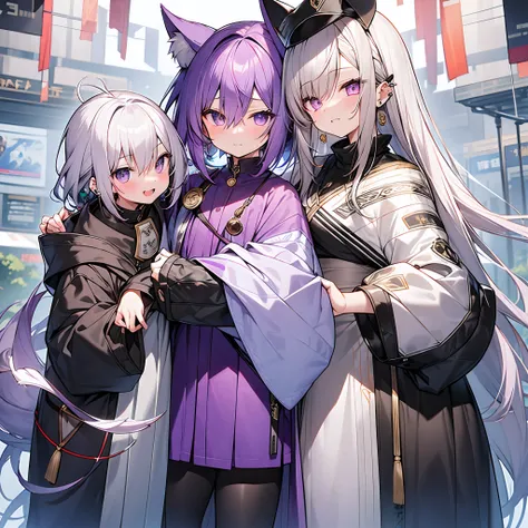 Mash Wolf、Inner purple hair color on silver、light skinned、Parallel eyebrows、Pigmented light purple eyes、Tusk-like double teeth、Neutral character、a cool、Ethnic clothing、Oversized clothing、Green clothes、4 right ear piercings、Left ear piercing３One、Short statu...