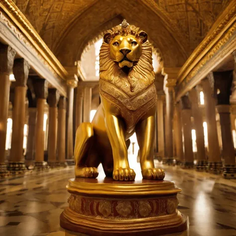 In the heart of a sumptuous palace, A majestic lion with the crown of a king adorns its head, sitting stately on a solid gold throne. This lion, embora animal, assume uma postura e semblante humanoides, as if he had the wisdom and authority of an 18th-cent...