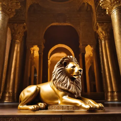 In the heart of a sumptuous palace, A majestic lion with the crown of a king adorns its head, sitting stately on a solid gold throne. This lion, embora animal, assume uma postura e semblante humanoides, as if he had the wisdom and authority of an 18th-cent...