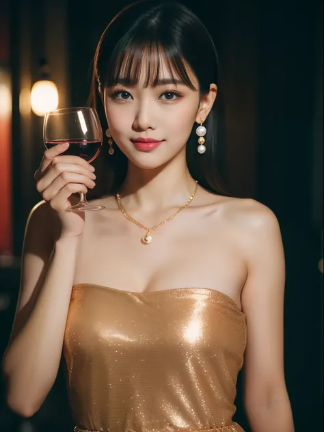 (full bodyesbian),(Beautiful face),(Detal Face),(Best quality), (Masterpiece), (A high resolution), Original, Extremely detailed 8k wallpaper,RAW photos,25 years old woman，Bob Head，Long bangs，(Red strapless dress:1.3)，There is a thin gold necklace around t...