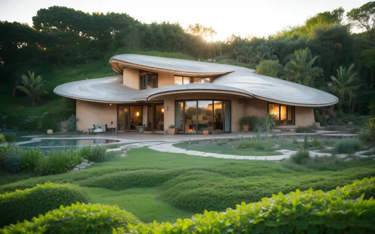 A photographyof a imposing contemporary modern sigle storey house with a organic curved angular rounded corners walls and greenroof in tropical backyard with a ((biological pool)), plaster (((rustic mud stucco terracotta))) and a (((wave shape greenroof wi...