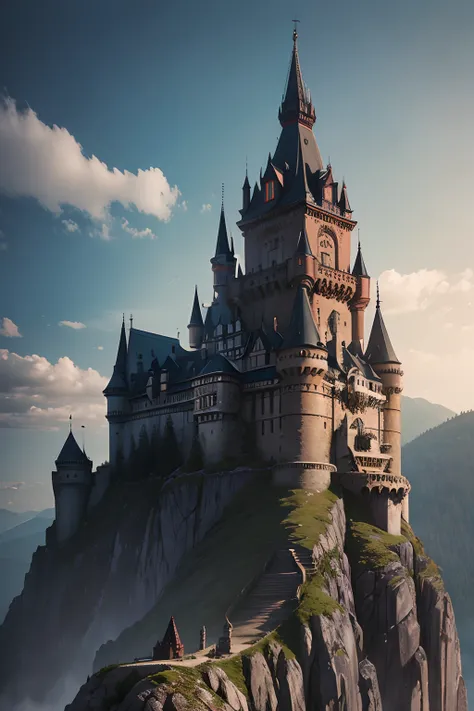 Count Draculas castle on a rugged mountain top in Transylvania. An old and imposing building. The towers rise towards the sky, parecendo garras afiadas contra o horizonte.