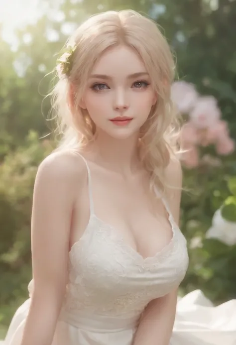 Cat-eared girl in white dress standing in garden, Break，A blonde long-haired，eBlue eyes，(((Sleeveless))), smiling mischievously, nedium breasts，(((Pull up the skirt to reveal the panties)))，loli in dress, small curvaceous loli, (tchibi:1.3), Guviz-style ar...