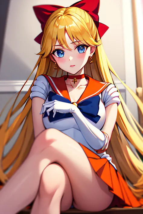 masterpiece, best quality, highres, venus1, 1girl, solo, sailor senshi uniform, sailor venus, aino minako, blonde hair, magical girl, blue eyes, orange skirt, elbow gloves, tiara, pleated skirt, hair bow, orange sailor collar, miniskirt, choker, red bow, o...