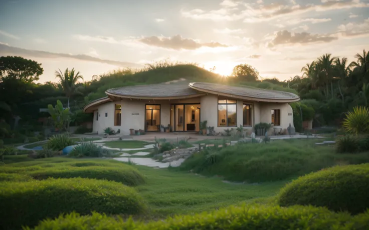 A photographyof a imposing contemporary modern sigle storey house with a organic curved angular rounded corners walls and greenroof in tropical backyard with a ((biological pool)), plaster (((rustic mud stucco terracotta))) and a (((wave shape greenroof wi...