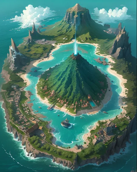 a detailed little island, with a volcano in the middle, ((surrounded by sea)), 1 island, a lot of water, masterpiece, best quality