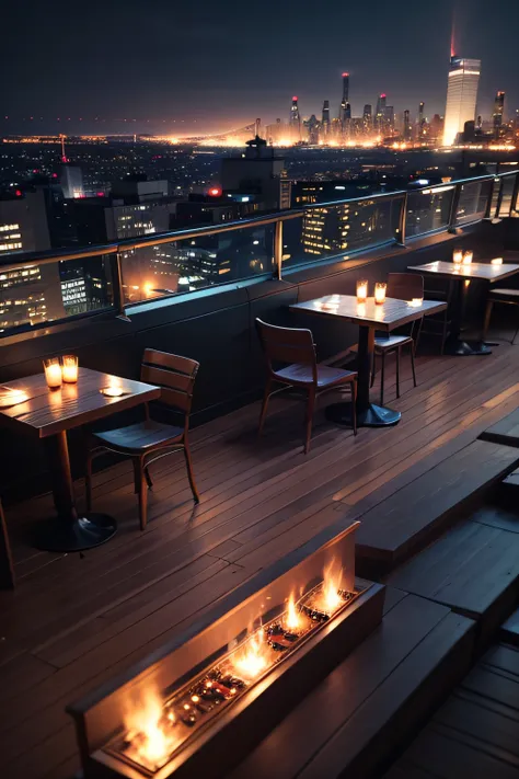 Create an atmospheric jazz cafe with a rooftop setting, where the city skyline provides a stunning backdrop to the live jazz performance.