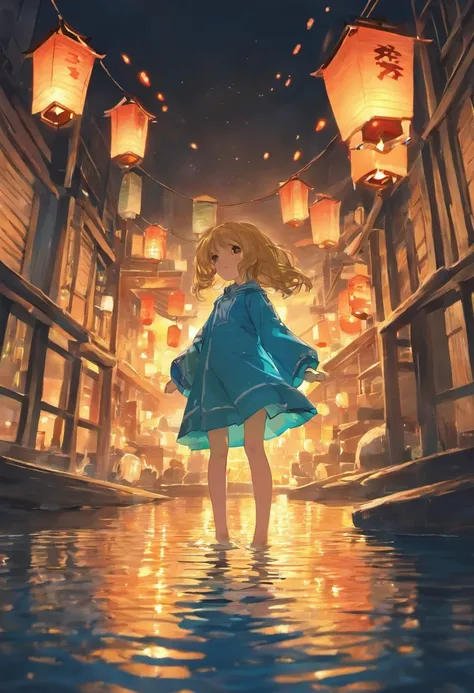 1 The little girl puts the river lantern by the river，Many sky lanterns are lit on the water, Floating lights, cinematic light and reflections, Glowing lights! Intermediate metaverse elements，Digital painting, glowing reflections, Pondering. By Makoto Shin...