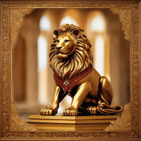 In the setting worthy of a royal palace, there is a majestic lion, coroado como um rei, wearing costumes that evoke the Persian nobility of the 18th century. This lion is a figure of grandeur and elegance, sentado com dignidade em seu trono. Sua juba, que ...