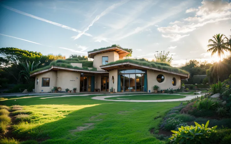 A photographyof a imposing contemporary modern sigle storey house with a organic curved angular rounded corners walls and greenroof in tropical backyard with a ((biological pool)), plaster (((rustic mud stucco terracotta))) and a (((wave shape greenroof wi...