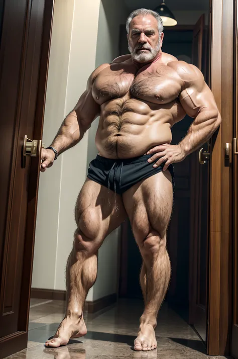 ((best quality)), professional, intricate, full body portrait, attractive strong (((massive))) bulging thick (hairy) mature older man, bare ((broad feet)), dense busy hair covered shoulders