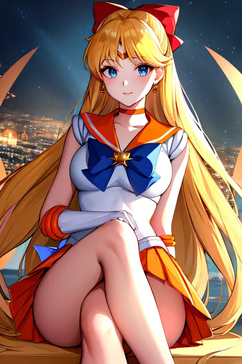 masterpiece, best quality, highres, venus1, 1girl, solo, sailor senshi uniform, sailor venus, aino minako, blonde hair, magical girl, blue eyes, orange skirt, elbow gloves, tiara, pleated skirt, hair bow, orange sailor collar, miniskirt, choker, red bow, o...