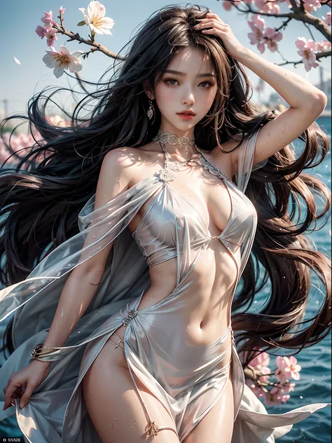 Loose clothing、cropped shoulders、Glossy rubber transparent dress、How to wear a shiny silver dress、Decorated with intricate patterns and bright colors、transparent materials，Makes skin shiny、The art depicts the dresses of seductive women wearing wet cloth an...