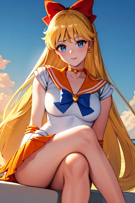 masterpiece, best quality, highres, venus1, 1girl, solo, sailor senshi uniform, sailor venus, aino minako, blonde hair, magical girl, blue eyes, orange skirt, elbow gloves, tiara, pleated skirt, hair bow, orange sailor collar, miniskirt, choker, red bow, o...