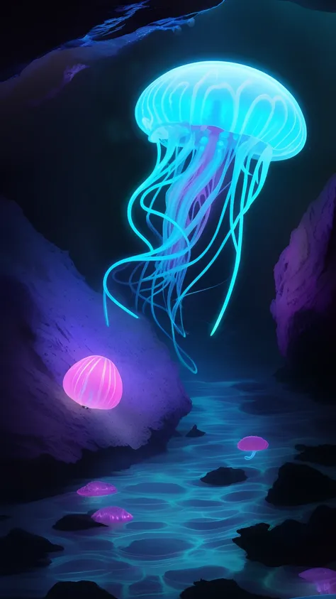 Luminous neon pink and blue bioluminescent jellyfish floating in a dark underwater cave, lighting up the rocks with an otherworldly glow, light rays visible, highly detailed textures, digital painting, --ar 1:1