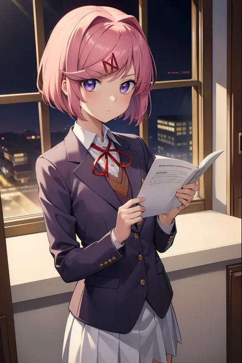 ddlcnatsuki, ddlcnatsuki, presa, ornamento de cabelo, cabelo rosa, (purple eyes:1.1), short hair, sidetail curto, franja varrida...