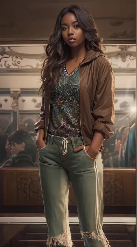 FULL BODY, center portrait, 21-year-old girl, dark skin, Clothing style comfortable, Hyper-realistic, full body portrait, long brown hair, clothes: green, sharp focus, cinematic lighting, highly detailed, intricate details, plain brown background