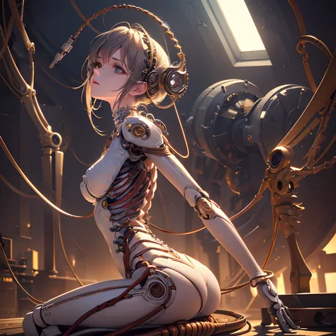 (((masterpiece))), (((best quality))), ((ultra-detailed)), (highly detailed CG illustration), ((an extremely delicate and beautiful)),(from side),cinematic light,((1mechanical girl)),solo,full body,(machine made joints:1.2),((machanical limbs)),(blood vess...