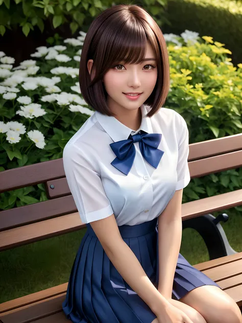 product quality, 1girl, upper body shot, front view, a Japanese young pretty woman, bob hair, glamorous figure, wearing a short sleeves white collared silky shirt with a dark blue satin plain bow tie, wearing a dark blue pleated long skirt, sitting with a ...