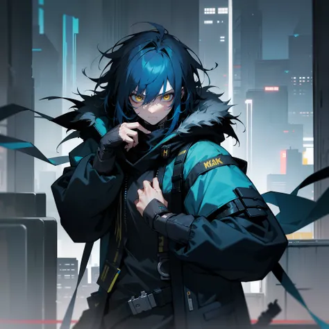 cyberpunk night city, yellow eyes, messy medium hair, cyberpunk clothes, black and blue oversized fur hood, somber expression, two tone hair, black and blue hair, teenage, male