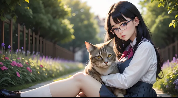 Beautiful girl, full body close-up, sitting neatly on the flower garden lawn, about 2m away from the camera lens, preparing to give a speech, wearing a Japanese school uniform skirt, cute round glasses, holding a child in her arms pretty cat, sexy body, (c...