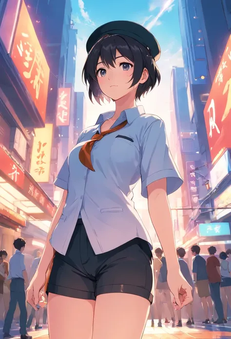 Wearing a black hat、Anime character in a white shirt and black shorts, (sfv) safe to work, 2 b, 2b, anya from spy x family, ecchi style, Female protagonist 👀 :8, an oppai cyberpunk, Realistic schoolgirl, Surrealism female students, oppai, from girls frontl...