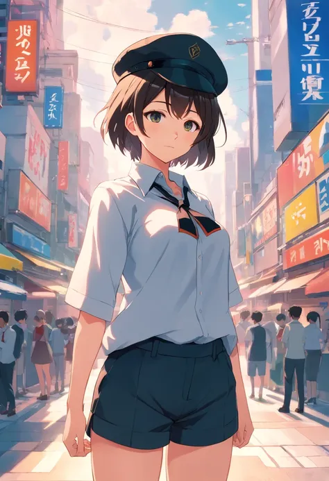 Wearing a black hat、Anime character in a white shirt and black shorts, (sfv) safe to work, 2 b, 2b, anya from spy x family, ecchi style, Female protagonist 👀 :8, an oppai cyberpunk, Realistic schoolgirl, Surrealism female students, oppai, from girls frontl...